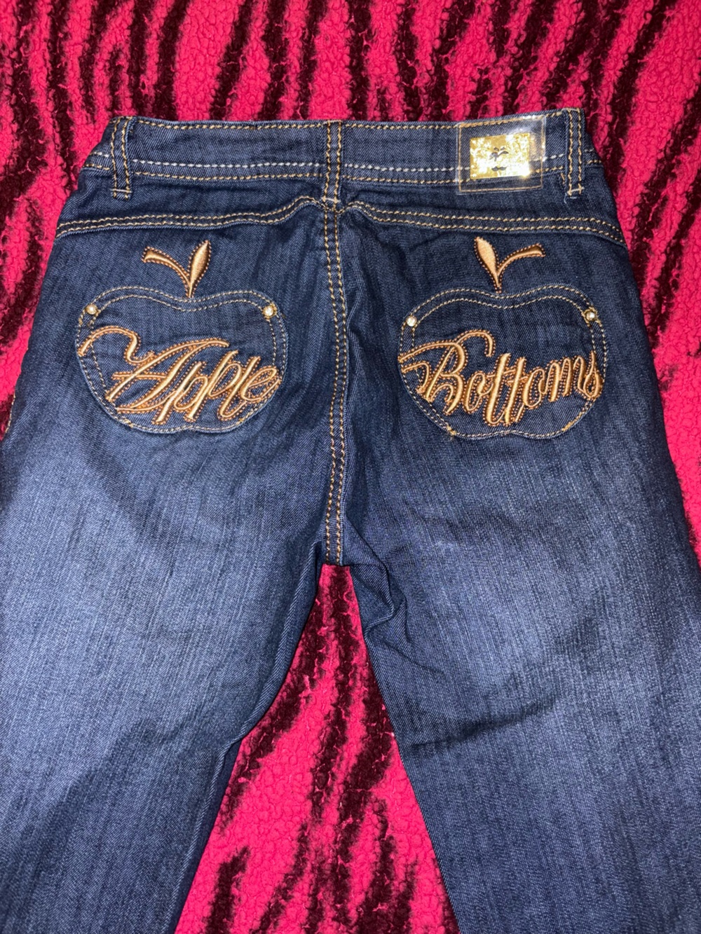 Apple Bottoms Dark Blue Boot Cut Jeans with Gold Apple Pocket Embroidery